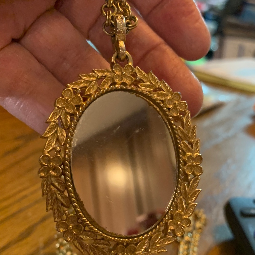 1920”s Gold and Black Floral Pendant Necklace on one side with a mirror on th PI - Picture 2 of 5